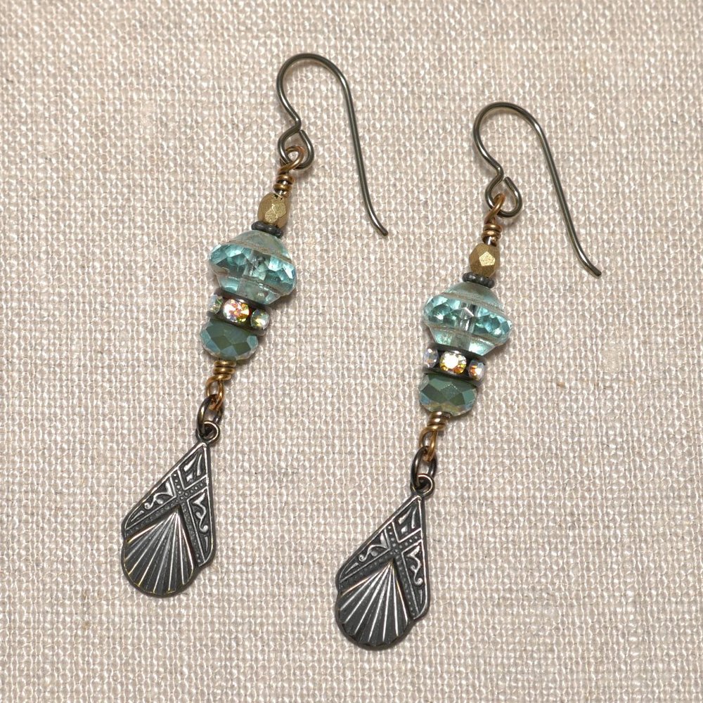 Hand Crafted Handmade Earrings Aqua Czech Glass Art Deco Rhinestone Earr…